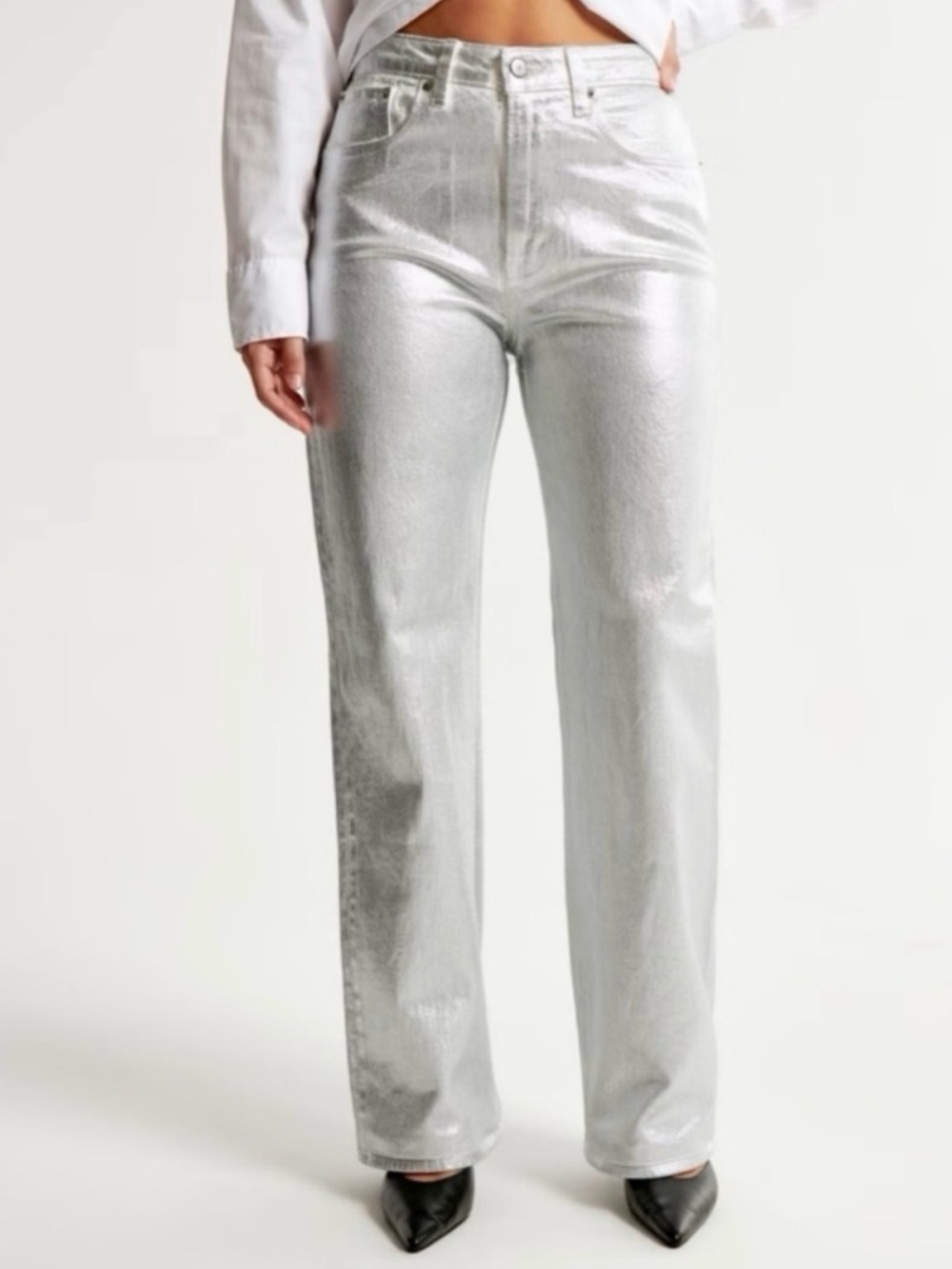 Abercrombie & fitch Metallic Silver High-Rise Straight Leg Jeans sz 2
